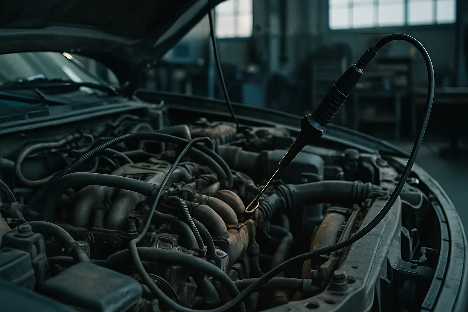Engine diagnostics probe connected to vehicle engine