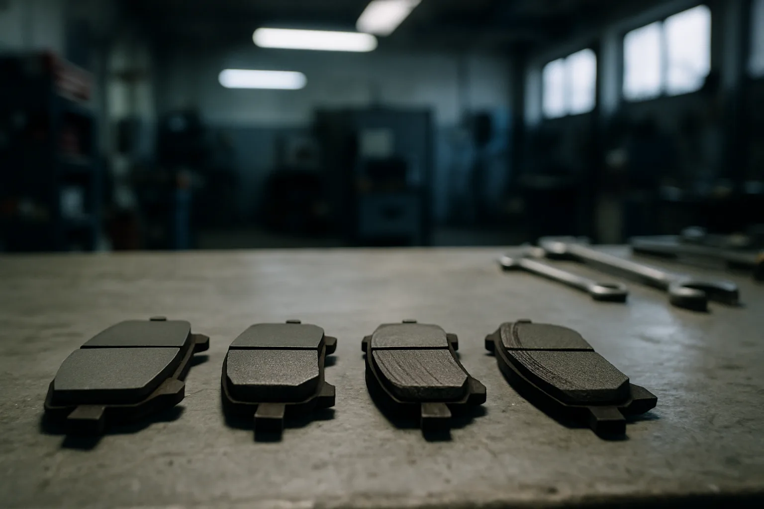 Brake pad wear comparison laid out on workbench